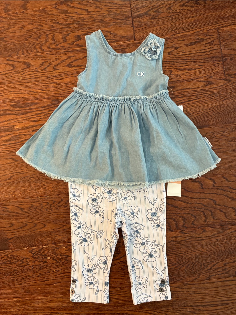Calvin Klein Blue Denim-Look Girls Skirted Bottoms with Floral Suspenders
